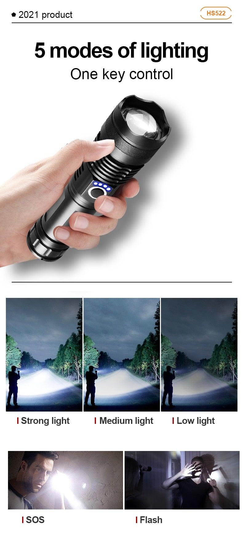 Rechargeable LED Flashlights High Lumens Waterproof Zoomable Super Bright Tactical Flashlight Powerful  USB LED CREE Flashlight  Hand Lamp For Hiking Camping Household Outdoor Sport