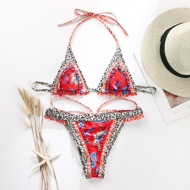Vintage Print Bikini Female Handwork Small Ruffle Swimming Suit For Women Swimwear High Cut Bikini Set String Print Halter String Triangle Bikini Set Luxury Swimwear Two Piece Swimsuit