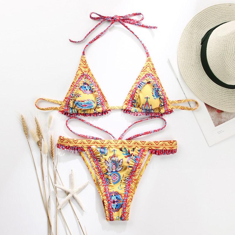 Vintage Print Bikini Female Handwork Small Ruffle Swimming Suit For Women Swimwear High Cut Bikini Set String Print Halter String Triangle Bikini Set Luxury Swimwear Two Piece Swimsuit
