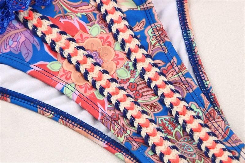 Vintage Print Bikini Female Handwork Small Ruffle Swimming Suit For Women Swimwear High Cut Bikini Set String Print Halter String Triangle Bikini Set Luxury Swimwear Two Piece Swimsuit
