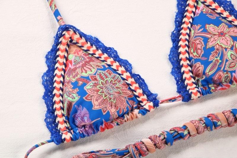 Vintage Print Bikini Female Handwork Small Ruffle Swimming Suit For Women Swimwear High Cut Bikini Set String Print Halter String Triangle Bikini Set Luxury Swimwear Two Piece Swimsuit