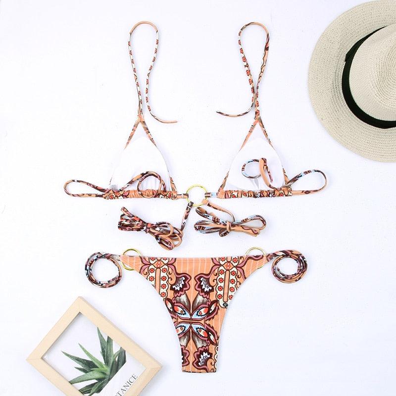 Vintage Print Bikini Female Handwork Small Ruffle Swimming Suit For Women Swimwear High Cut Bikini Set String Print Halter String Triangle Bikini Set Luxury Swimwear Two Piece Swimsuit