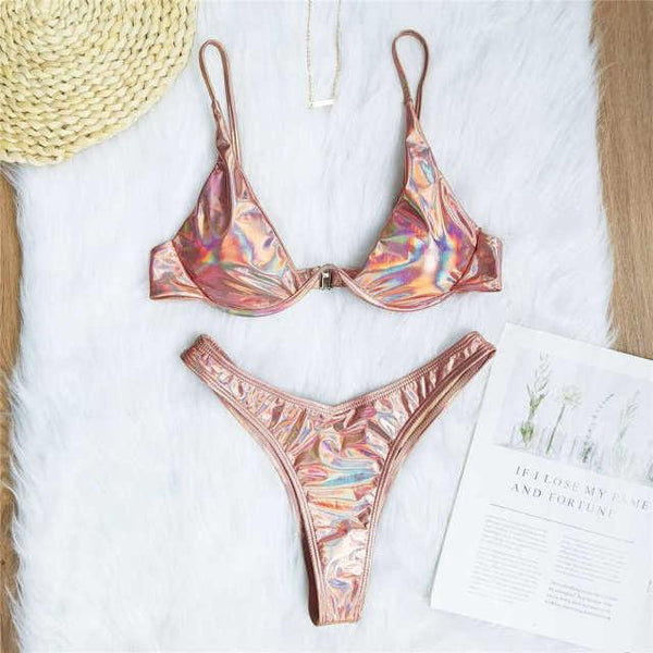 Underwired Bikini Female Swimsuit Women Swimwear Two-Piece V Shape Wire Bikini Set Bather Bathing Suit Women Micro Bikini Set Shiny Metallic 2 Piece Swimsuit Push Up Underwire Swimwear Bathing Suit