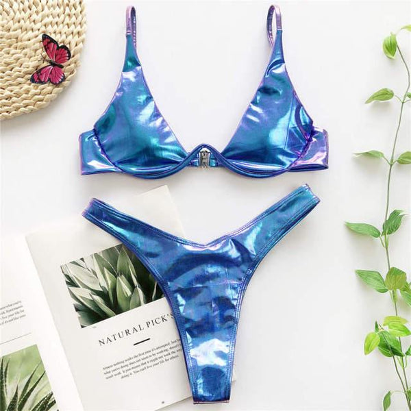 Underwired Bikini Female Swimsuit Women Swimwear Two-Piece V Shape Wire Bikini Set Bather Bathing Suit Women Micro Bikini Set Shiny Metallic 2 Piece Swimsuit Push Up Underwire Swimwear Bathing Suit