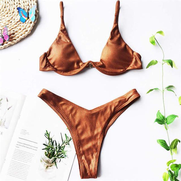 Underwired Bikini Female Swimsuit Women Swimwear Two-Piece V Shape Wire Bikini Set Bather Bathing Suit Women Micro Bikini Set Shiny Metallic 2 Piece Swimsuit Push Up Underwire Swimwear Bathing Suit