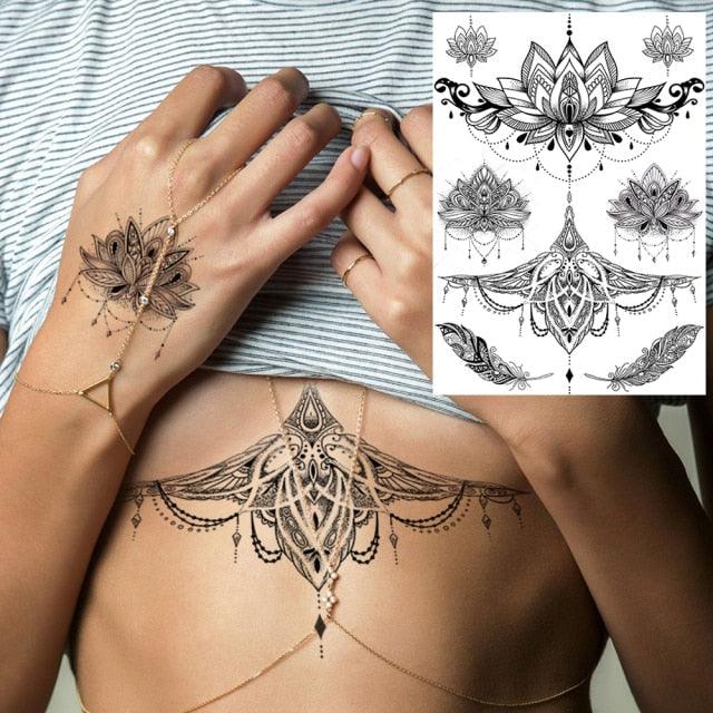 53 Sheets Black Lace Temporary Tattoos Sticker Butterfly Flower Fake Tatoo Sticker Sexy  Black Henna Temporary Tattoos For Women