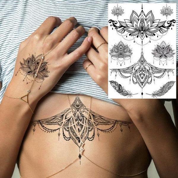 53 Sheets Black Lace Temporary Tattoos Sticker Butterfly Flower Fake Tatoo Sticker Sexy  Black Henna Temporary Tattoos For Women