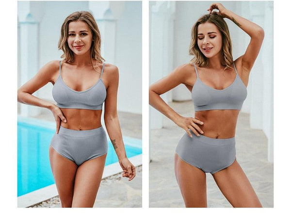 Women Seamless Bra Top Fitness Swimwear Push Up Exercise Bikini For Women 2 Pieces Ribbed Seamless Yoga Bikini Sets Sports Bra And Underwear Set 2 Piece High Waist Summer Bikini