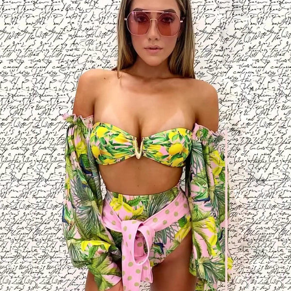 Long Sleeve Bikini Women's Two Piece Swimsuit Bikini  Bathing Suit Print Swimsuit High Waist Swimwear Women Bikinis Mesh Sleeves Swim Suit Plus Size Bathing Suit Sun Protection Bathing Suit