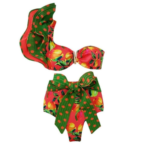 Two-Pieces Women Floral Push-Up Padded Bra Ruffles Bikini Set Swimsuit Swimwear Bathing Suit Beachwear Floral Printed Swimsuit Knotted String Triangle Bikini Tie Side High Cut Cheeky Bikini Set