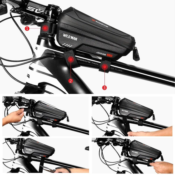Black Bike Bag Frame Front Top Tube Cycling Bag Waterproof Phone Case Touchscreen Bag  Pack Bicycle Accessories Bike Bicycle Bag Waterproof Bike Phone Mount Bag Front Frame Top Tube Handlebar Bag Touch Screen Holder Case For Cell Phones 6.6in