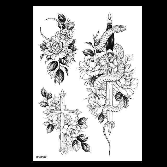 49 Sheets Waterproof Temporary Black Sketches Flowers Tattoo Stickers Flower Rose Tattoos For Women Adults