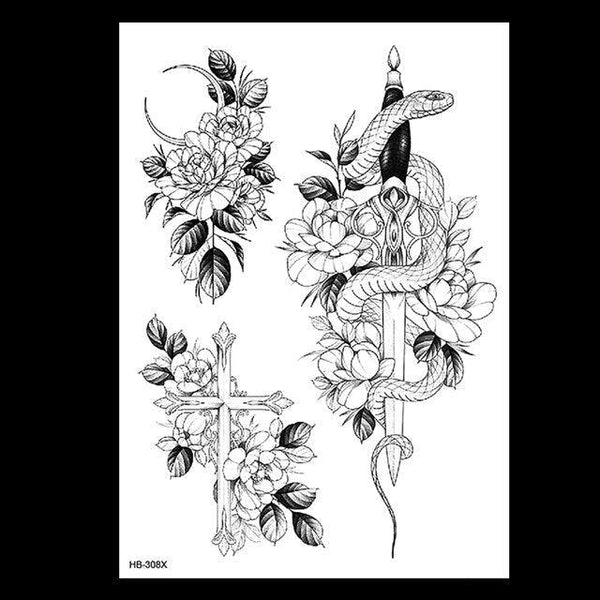 49 Sheets Waterproof Temporary Black Sketches Flowers Tattoo Stickers Flower Rose Tattoos For Women Adults