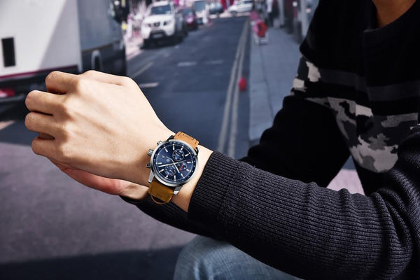 Stylish Wrist Watch For Men Genuine Leather Strap Watch Perfect Quartz Movement And Scratch Resistant Analog Chronograph Business Watches