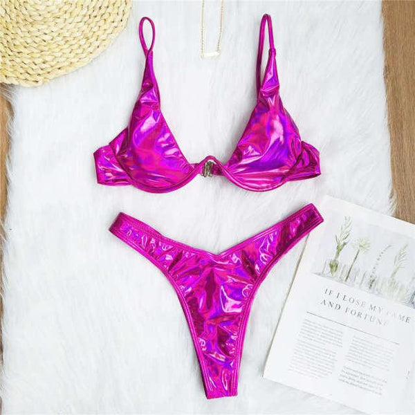 Underwired Bikini Female Swimsuit Women Swimwear Two-Piece V Shape Wire Bikini Set Bather Bathing Suit Women Micro Bikini Set Shiny Metallic 2 Piece Swimsuit Push Up Underwire Swimwear Bathing Suit
