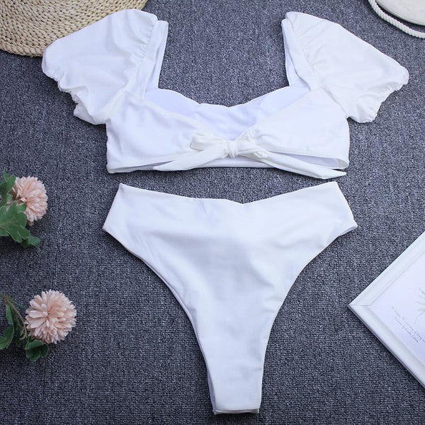 Bikini New 2 Piece Women Swimsuit Women's High Waist Bikini Set Fashion Puff Sleeve Swimwear Set Bathing Suits Solid Color Short Puff Sleeve Summer High Waist Cut Backless Bathing Suit Beachwear