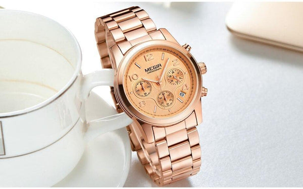 Multifunctional Business Women Watches Quartz Waterproof Stainless Watch Elegant Shine Round Design