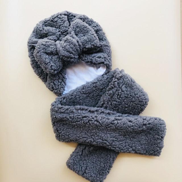 Baby Cotton Hat  Autumn Winter Children Scarf Hat Sets  Bowknot Ear Baby Girl Boy Warm Beanies Cap Neck Warmer Scarf Fleece Balaclava Hood Ski Mask Cold Weather Face Mask Neck Warmer Winter Nose Warmer