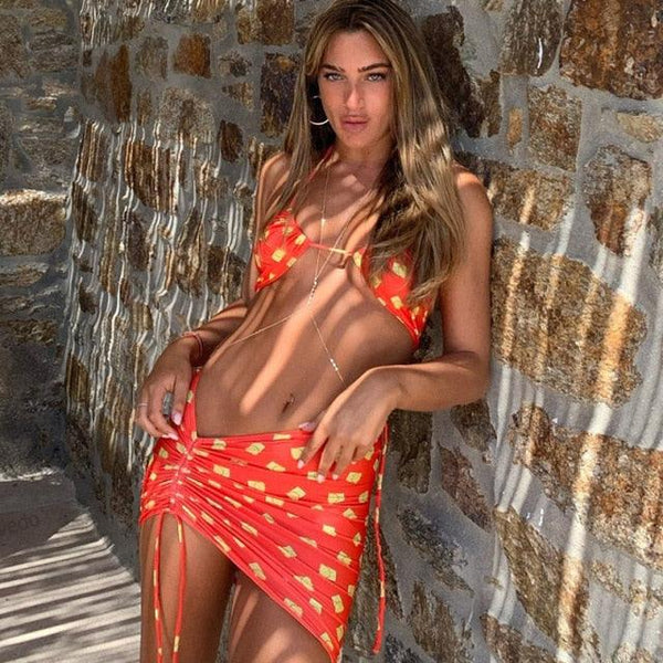 3-Piece Bikinis Suit Halter Polka Dot Swimwear Women Beachwear Women's 3 Piece Bikini Set Swimsuit Cover Ups Sheer Sarongs Beach Wrap Skirt Bathing Suit Swimsuit Female Holiday Beach Skirt Bikini Set