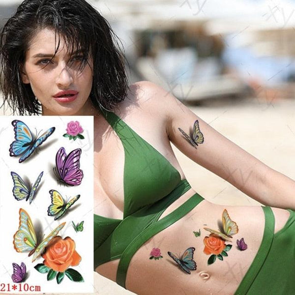3D Butterfly Waterproof Temporary Tattoo Sticker Snake Flowers Elegant Small Popular Tattoo For Womens Mens
