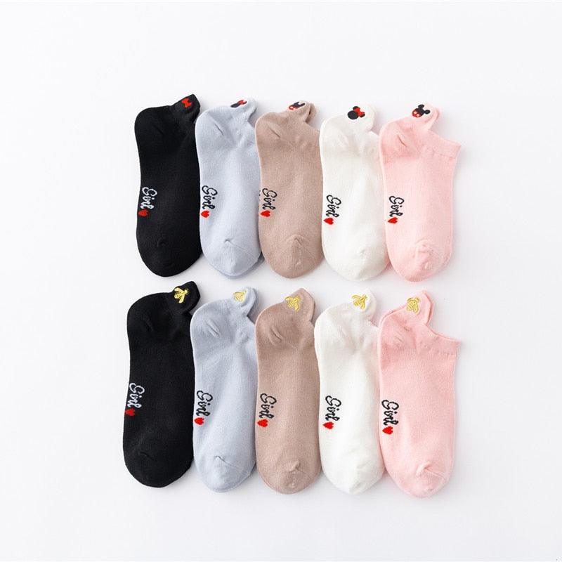 4 Pair/Lot Low Tube Boat Socks Gold Silk Embroidery Mouse Ankle Women Socks Cotton Low Cut Thin No Show Boat Socks For Men And Women