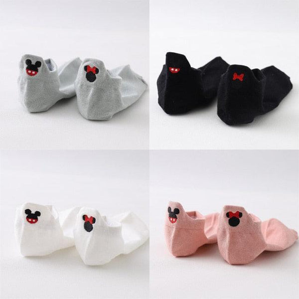 4 Pair/Lot Low Tube Boat Socks Gold Silk Embroidery Mouse Ankle Women Socks Cotton Low Cut Thin No Show Boat Socks For Men And Women