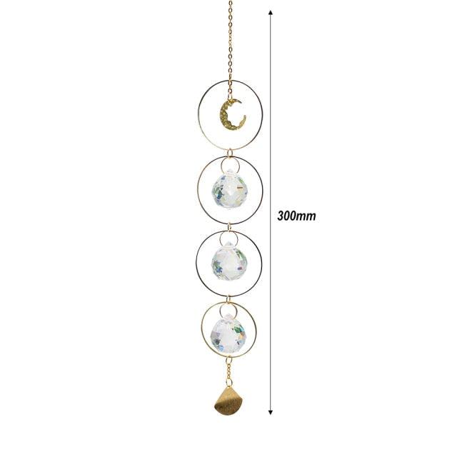 Metallic Hoop Moon Sun Catcher Hanging Crystal Pendant Chandelier Lamps Light Crystals Glass Pendants Light Rainbow Maker Wind Chime Hanging Drop Gift of Good Luck Garden Decor Hanging Ornament For Home Decoration