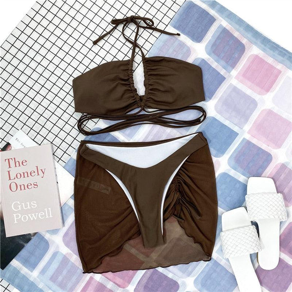 Halter Hollow Cross Bikinis Set Swimsuit Women's New Solid Two-Piece Swimwear Two Piece Swimsuit Halter Crisscross Cut Out Bikini Wrap Top with High Waist  Bottom Beach Swimwear Summer Beachwear Woman Bath Bathing Suit