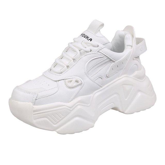 Women Platform Sneakers Leather Casual Ladies Chunky Shoes Woman High Black Fashion Thick Soled Sports Walking Shoes Lace Up Platform Leather Trainers Sneakers