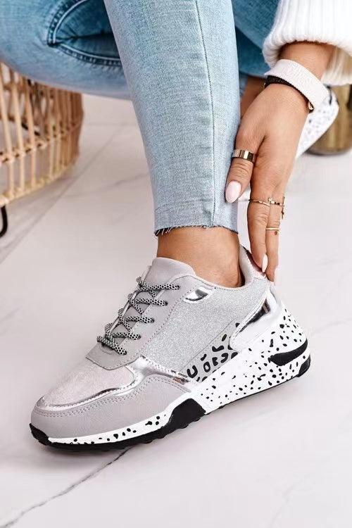 Women Sneakers Leopard Print Lace-Up Women's Vulcanize Shoes Sports Sneakers Breathable Height Increasing Walking Jogging Sneakers Gold Silver Sport Running Women's Sneakers