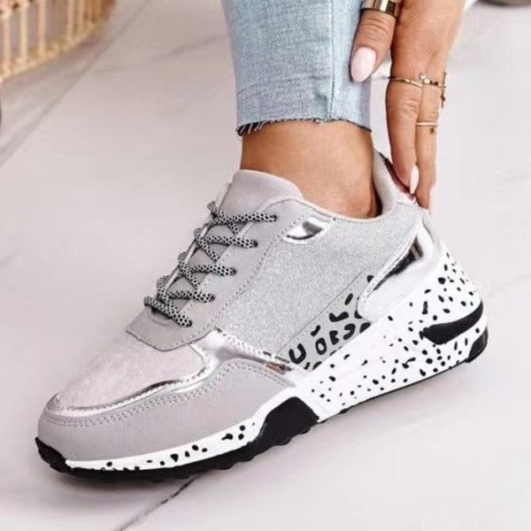 Women Sneakers Leopard Print Lace-Up Women's Vulcanize Shoes Sports Sneakers Breathable Height Increasing Walking Jogging Sneakers Gold Silver Sport Running Women's Sneakers
