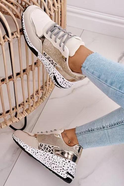 Women Sneakers Leopard Print Lace-Up Women's Vulcanize Shoes Sports Sneakers Breathable Height Increasing Walking Jogging Sneakers Gold Silver Sport Running Women's Sneakers