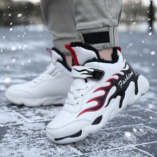 Winter Kids Sneakers Leather Children Sports Shoes Plush Warm Running Shoes For Boys Fashion Casual Walking Sneakers Water Resistant Hiking Boots Non Slip Athletic Outdoor Sneakers