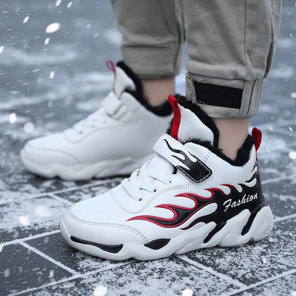 Winter Kids Sneakers Leather Children Sports Shoes Plush Warm Running Shoes For Boys Fashion Casual Walking Sneakers Water Resistant Hiking Boots Non Slip Athletic Outdoor Sneakers