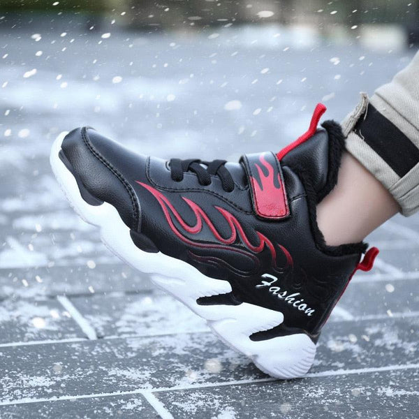 Winter Kids Sneakers Leather Children Sports Shoes Plush Warm Running Shoes For Boys Fashion Casual Walking Sneakers Water Resistant Hiking Boots Non Slip Athletic Outdoor Sneakers