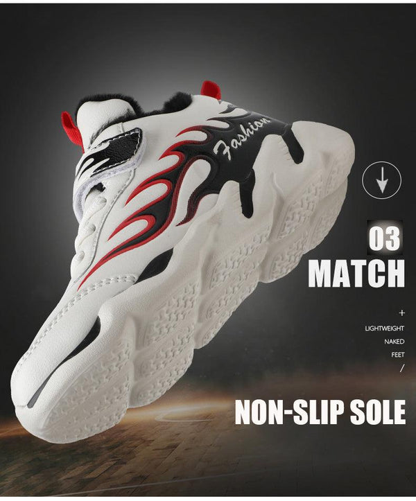 Winter Kids Sneakers Leather Children Sports Shoes Plush Warm Running Shoes For Boys Fashion Casual Walking Sneakers Water Resistant Hiking Boots Non Slip Athletic Outdoor Sneakers