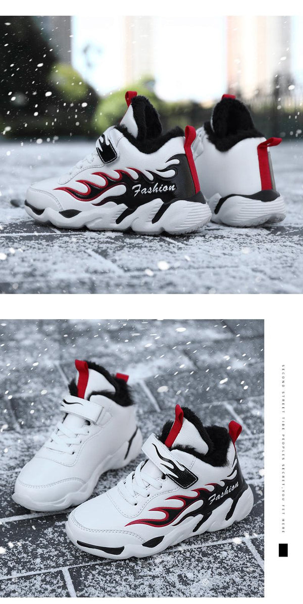 Winter Kids Sneakers Leather Children Sports Shoes Plush Warm Running Shoes For Boys Fashion Casual Walking Sneakers Water Resistant Hiking Boots Non Slip Athletic Outdoor Sneakers