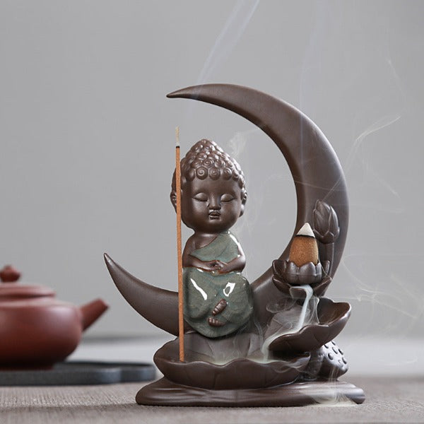Little Buddha With Moon Backflow Incense Burner And Lotus Leaves