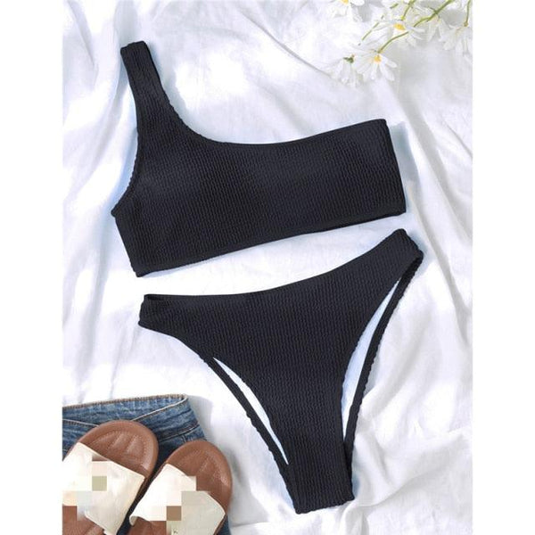Women One-Shoulder Bikini Swimsuit Women Push Up Swimwear Women's Bathing Suit Comfortable Bikini Ribbed Two Piece Swimsuit Bikini Set Summer Bathing Suit Beach Wear Swimming Suit