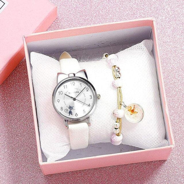 New Fashion Childrens Watch Analog Children Quartz Watch With Bracelet Set Little Cat Watch Kids Children Quartz Electronic Watch Unisex Wrist Leather Strap Watches