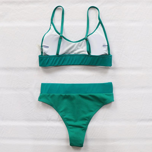 High Waist Bikinis Ribbed Swimwear Women Push Up Swimsuits Women's Scoop Neck Swimsuits High Waist Bikini Sets 2 Piece Bathing Suit Solid Strap Bathing Suit Female Set
