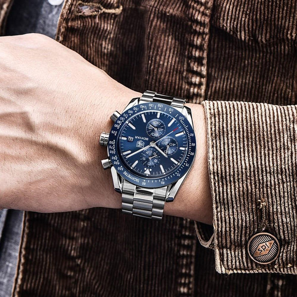 New Men Silver Blue Watch Business Analog Chronogragh Full Steel Luxury Casual Male Waterproof Sports Design Watches