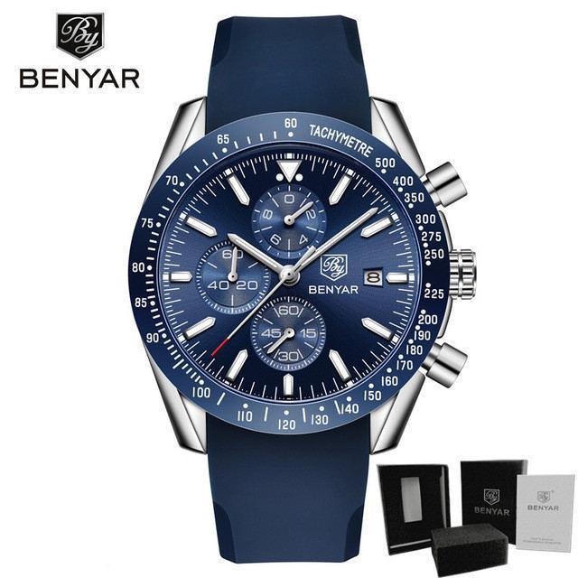 New Men Silver Blue Watch Business Analog Chronogragh Full Steel Luxury Casual Male Waterproof Sports Design Watches
