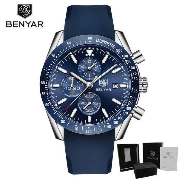 New Men Silver Blue Watch Business Analog Chronogragh Full Steel Luxury Casual Male Waterproof Sports Design Watches