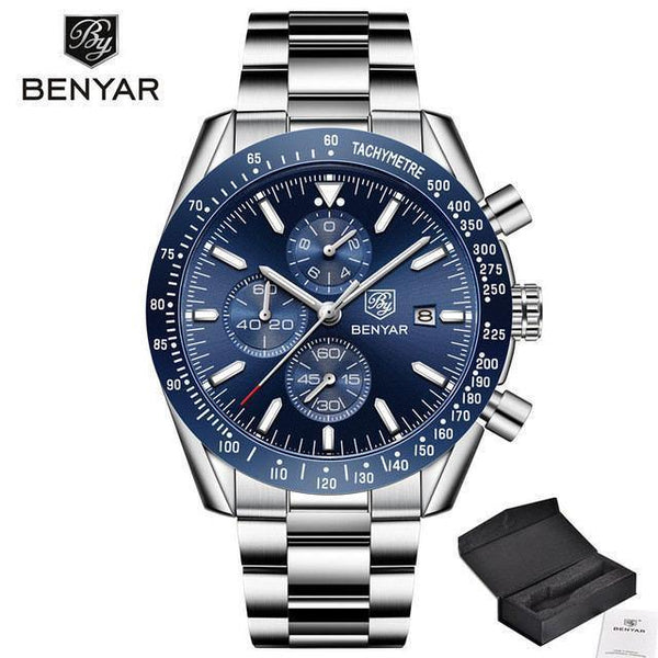 New Men Silver Blue Watch Business Analog Chronogragh Full Steel Luxury Casual Male Waterproof Sports Design Watches