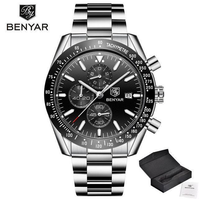 New Men Silver Blue Watch Business Analog Chronogragh Full Steel Luxury Casual Male Waterproof Sports Design Watches