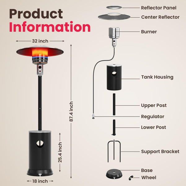 Pamapic 48,000 BTU Patio Heater Propane with Table Design & Wheels, Commercial & Residential