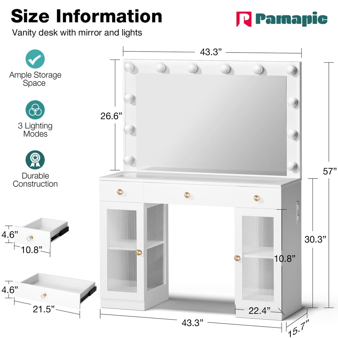Glass-Top Vanity Desk with 12-Bulb Lighted Mirror