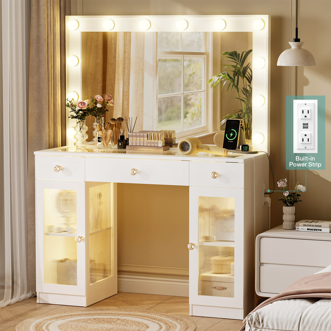Glass-Top Vanity Desk with 12-Bulb Lighted Mirror