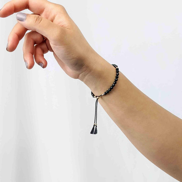 Black Spinel Tassel Tasbih Bracelet | Women's Misbaha - 33 Beads, 4mm